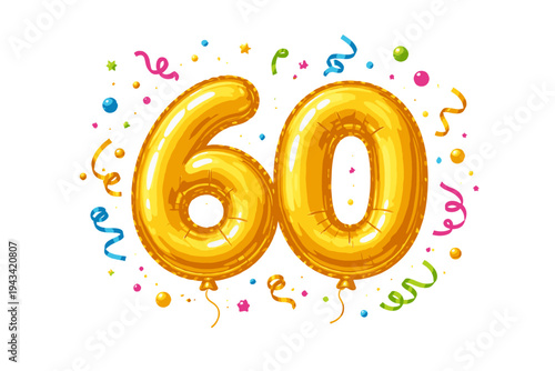 Sixty golden inflatable foil balloons, bright party decorations, displayed on a white background