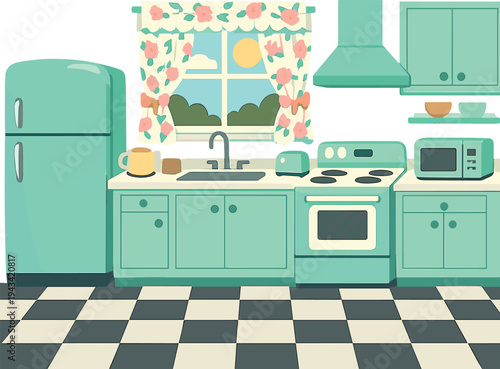 A retro kitchen in mint green, complete with a checkered floor, a window, appliances, and floral curtains