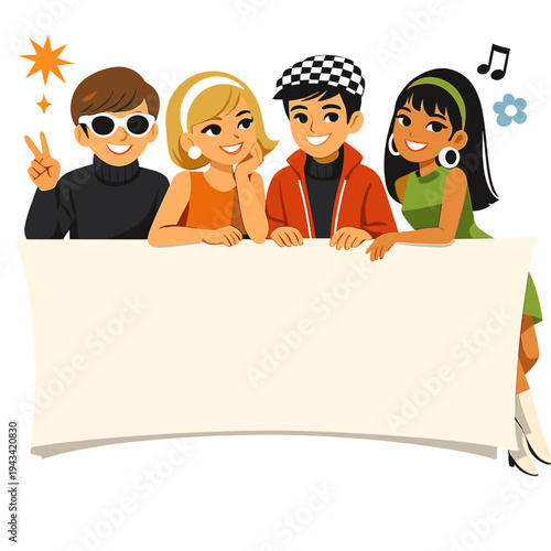 A banner showcasing a group of 1960s mod teenagers, with space reserved for copy