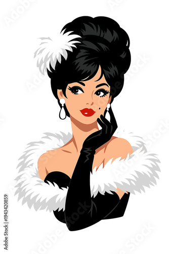 Portrait of a 1960s young woman, showgirl and supermodel, exuding classic elegance