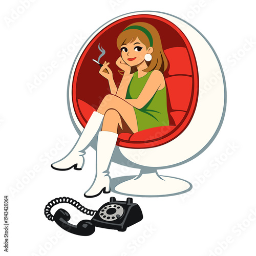 A 1960s woman sits in a retro ball chair, with a rotary telephone hanging from the hook at her feet