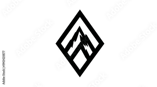 A geometric black and white design with a mountain silhouette inside a double framed diamond shape