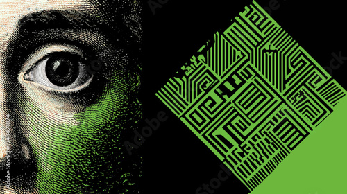 A person's eye, with green shading, and a geometric maze set against a black backdrop