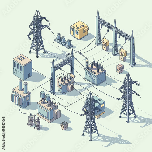 Isometric illustration of industrial power infrastructure.