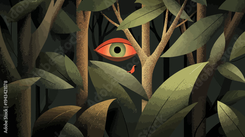 Illustration of a green-eyed, red-rimmed eye peeking through dark green leaves and forest trees, with a bird