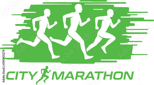 A green and white logo for a city marathon featuring three running silhouettes in a dynamic motion graphic design