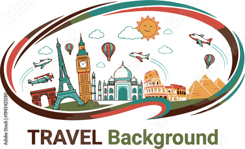 A colorful travel background illustration featuring iconic landmarks and modes of transportation around the world on a white background
