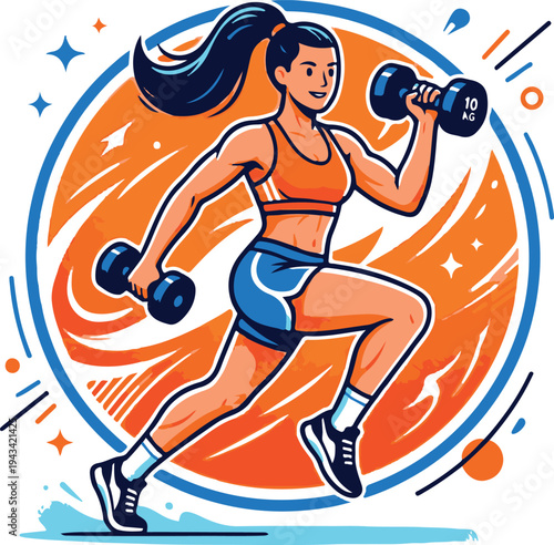 A cartoon woman in athletic wear exercising with dumbbells in a dynamic orange and blue circular illustration