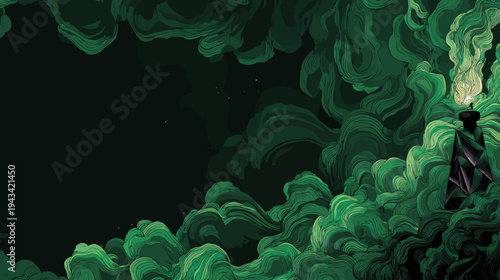 A stylized digital artwork, with swirling green smoky forms around a dark space