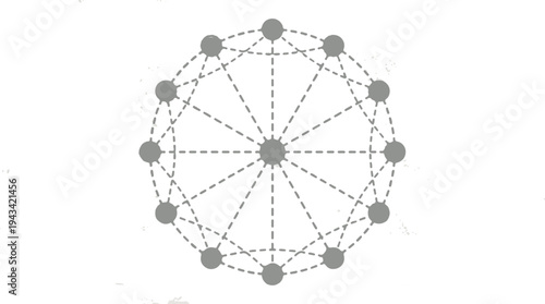 A geometric pattern of interconnected nodes and lines forming a circular network on a white background