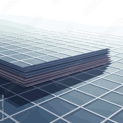 Stack of blue square tiles on reflective surface.