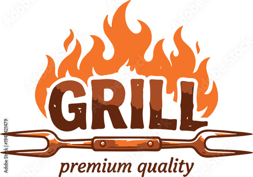 A logo for a grill company featuring a fork and flames with the words GRILL and premium quality