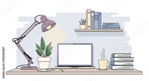 a desk with a laptop computer and lamp.