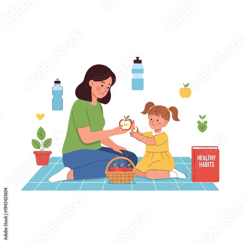 Mother and daughter enjoying healthy snacks and learning about nutrition on a picnic.