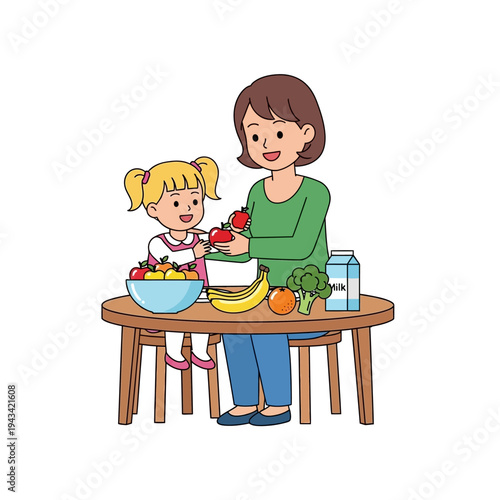 Mother and daughter preparing healthy food with fresh fruits and vegetables on table
