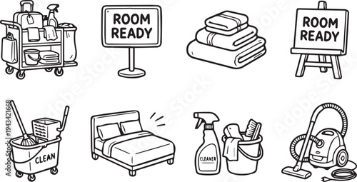 A collection of black and white illustrations depicting hotel room cleaning supplies and services