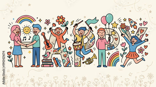 A colorful illustration of happy children engaging in various creative activities with music and symbols of joy and friendship around them.
