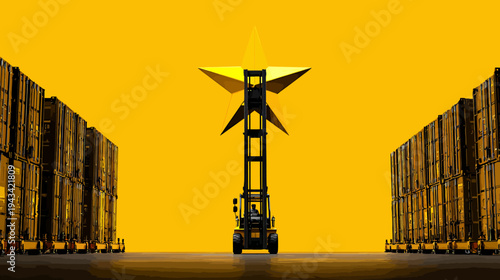 A forklift holding a star between rows of containers against a vibrant yellow background