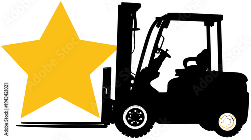 A yellow star beside a black forklift silhouette on a white background