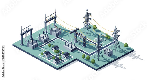 Isometric illustration of a power plant and industrial area with transmission towers.