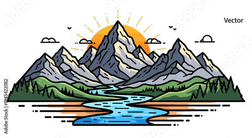 Mountain landscape with river and sun.