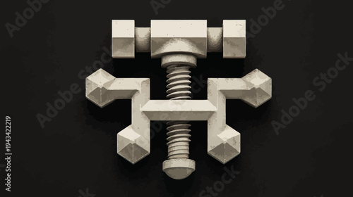 A mechanical element with a screw mechanism, rendered in a geometric style, set against a dark background