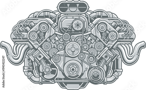 An intricate line drawing of a mechanical engine resembling a brain with pipes and gears on a white background