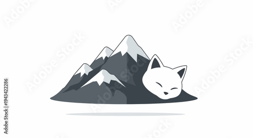 Serene mountain landscape with sleeping cat.