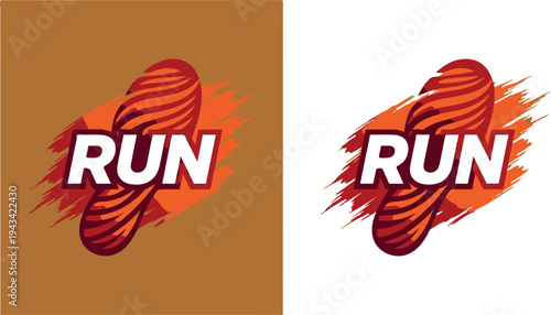 Two identical RUN logos with a stylized running shoe and brush stroke design on different colored backgrounds
