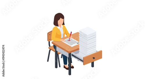 woman sitting at desk with paperwork.