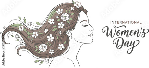 An illustration of a woman's face and hair adorned with flowers celebrating International Women's Day
