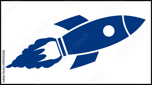 A blue rocket ship with billowing exhaust is shown in a white and black bordered square frame