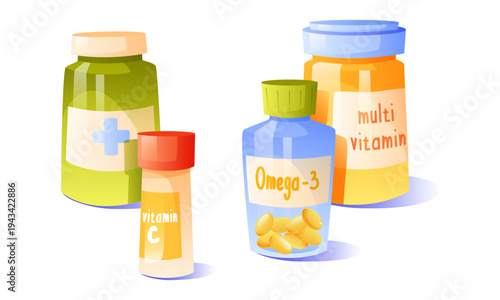 Vitamin C, Omega 3 and Multivitamin Supplement Bottles