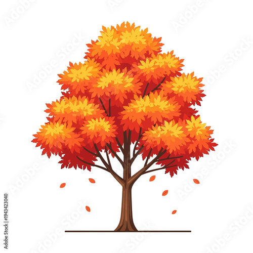 Vibrant autumn tree with falling leaves, colorful fall foliage, seasonal change, nature illustration