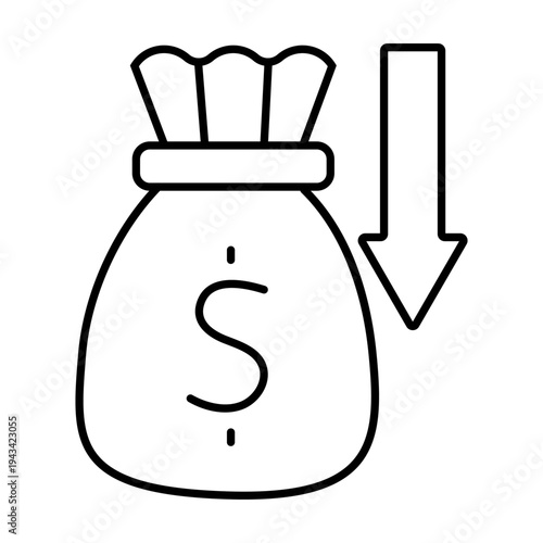 Inflation sign. Sack pictogram with dollar sign and arrow down. Symbol of money depreciation vector linear illustration.