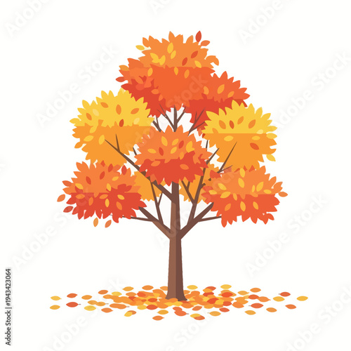 Vibrant autumn tree with falling leaves in warm colors, isolated on white background