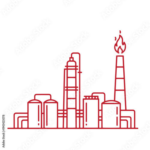 red industrial factory complex with smokestack and flame emission  industrial area with multiple tanks and pipes