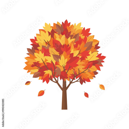 Vibrant autumn tree with falling leaves, colorful fall foliage, seasonal change, nature