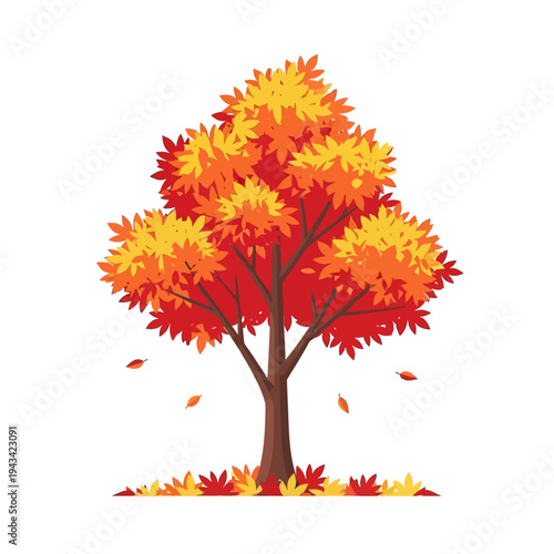 Vibrant Autumn Tree with Falling Leaves, Seasonal Change, Fall Foliage, Nature