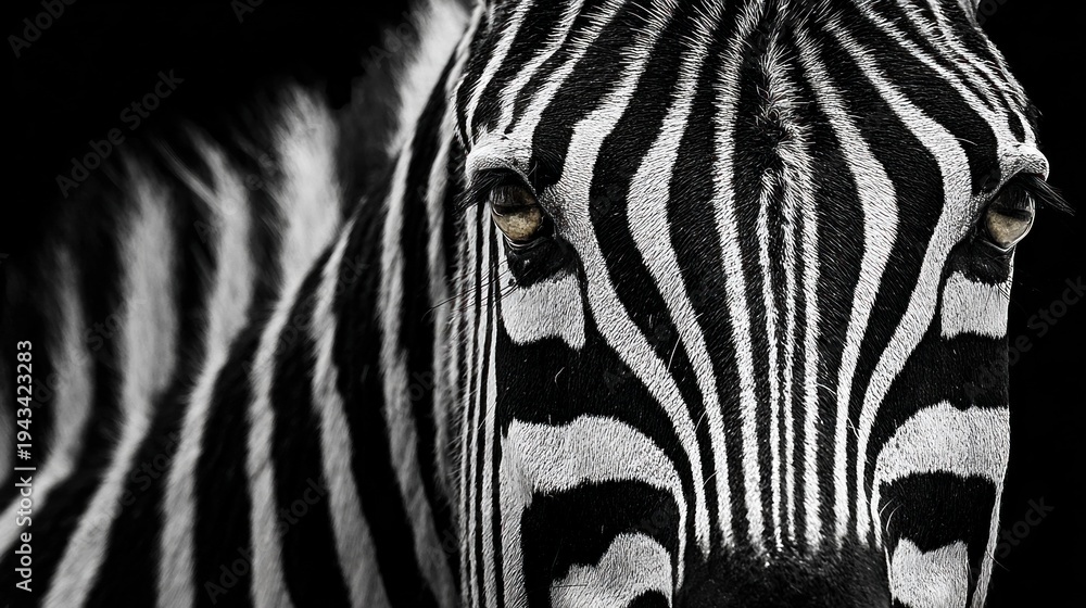 Naklejka premium Zebra looks directly at the camera with bold black and white stripes, creating a strong visual impact in the composition