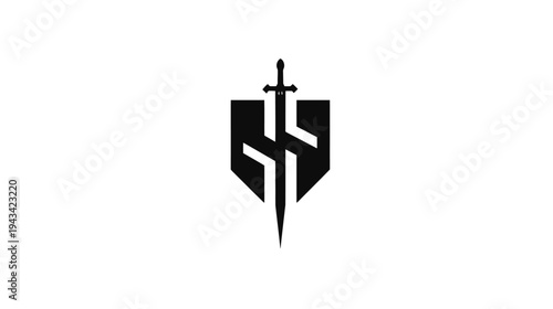 A stark, minimalist emblem with a sword piercing a shield-like shape, all in contrasting black and white