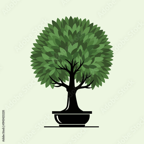 Stylized Bonsai Tree in a Pot, Minimalist Green Foliage, Zen Garden Art