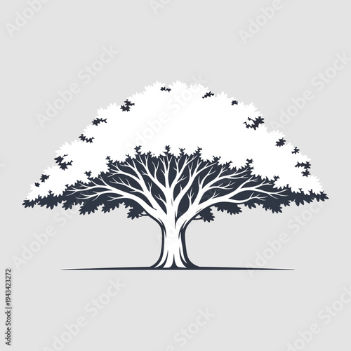 Stylized Silhouette of a Large Spreading Tree with White Canopy and Dark Trunk