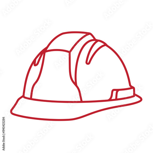 red line drawing of a firemans helmet on white background  simple firefighter headgear illustration