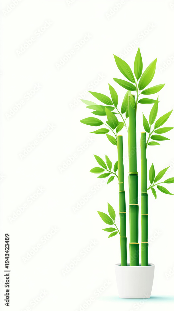 Fototapeta premium Vibrant green bamboo stalks in white pot against white background