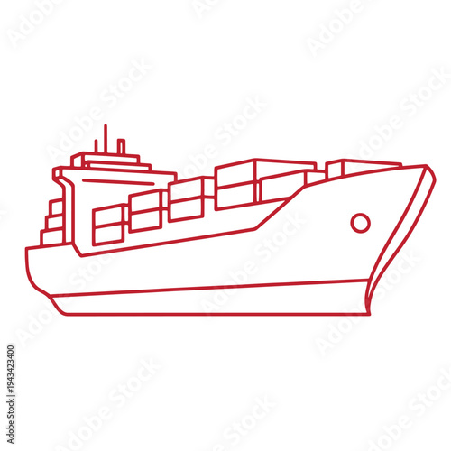 red line drawing of a large cargo ship with containers on deck sailing on the ocean  maritime transportation