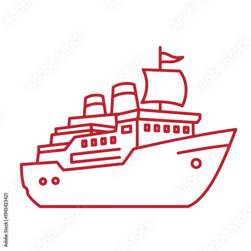 red line drawing of a large passenger ship or cruise ship with a flag on the mast sailing on the ocean  maritime transportation vessel