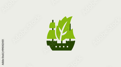 A green, stylized sailing ship with a leaf-shaped sail on a cream-colored background