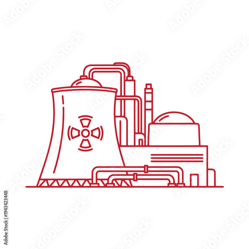 red line drawing of a nuclear power plant with cooling tower and domed building  industrial facility