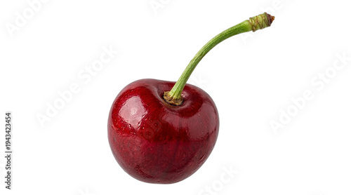 Vibrant red cherry with a fresh green stem, a symbol of summer's sweet harvest and healthy eating, captured in exquisite detail on a clean white background